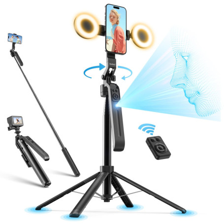 Jeebel Trépied à Suivi Automatique du Visage - 180cm Perches Selfie Extensible avec Lumière LED/Commande Gestuelle/NO App/360° R