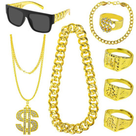 8 Pcs Costume de Proxénète, Déguisement Années 80 Homme,Or de Dollar Collier,Lunettes de Soleil,80 90 Hommes Costume Hip Hop Cha