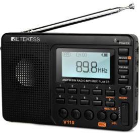 Retekess V115 Radio Portable,Petite Radio Rechargeable,FM AM SW, Piles et Secteur,Carte TF,Enregistreur, MP3,Minuterie de Sommei
