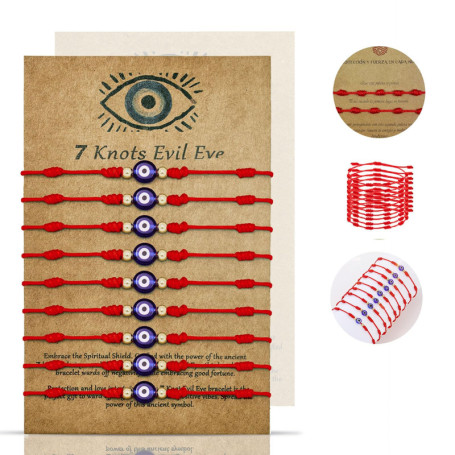 bracelets à cordon rouge, 9 PCS Bracelet oeil mauvais Porte-bonheur, en corde rouge réglable à 7 nœuds, Mauvais Œil Bracelet d'A