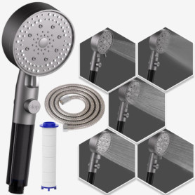HONBOO Pommeau de Douche Filtrant, Pommeau de Duche Economie Deau avec Bouton D'arrêt D'eau, Douchette avec Flexible de 1,5 m, P