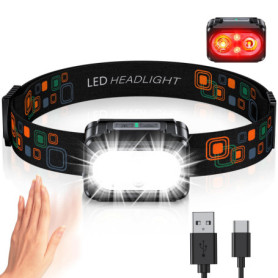 ISEYOU Lampe Frontale LED Ultra Puissante, Lampe Frontale Rechargeable avec Lumière Rouge & Capteur de Mouvement, 5 Modes d'Écla