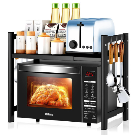 HYOJCWU 2 Niveaux Support de Four à Micro-Ondes Extensible, Etagere Rangement Cuisine Four à Micro Ondes, avec 6 Crochets, Suppo