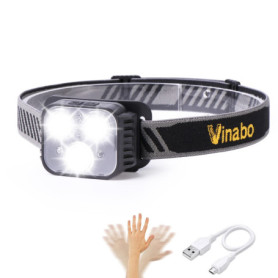 Vinabo Lampe Frontale Rechargeable, Lampe Frontale LED Ultra Puissante Détecteur de Mouvement, 6 Modes d'éclairage, Réglable Éta