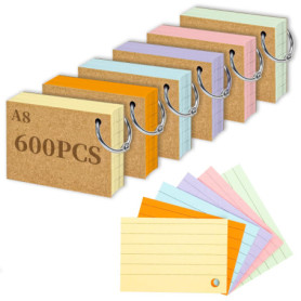 A8 Flashcard, 600Pcs lignées Flashcards avec anneau, Cartes de vocabulaire pour l’apprentissage du vocabulaire en déplacement, F