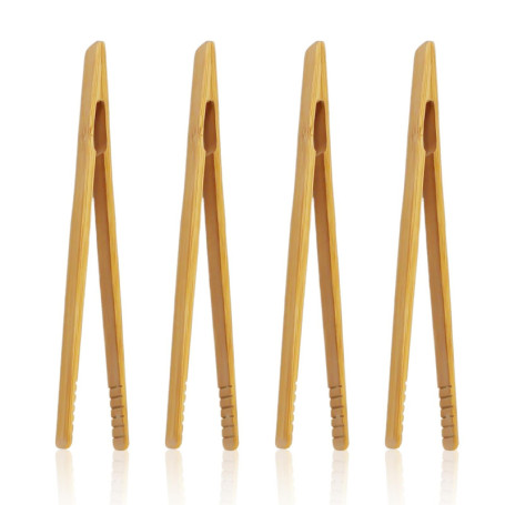 Lot de 4 pinces en bambou longues et droites - Ustensiles de cuisine - Pince à pain - Pince en bambou alimentaire - Ustensiles d