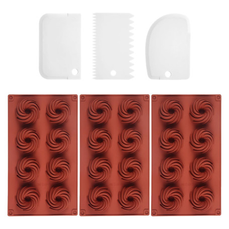 Lot de 3 moules à 8 spirales, 3 grattoirs, moule à chocolat en silicone, moule à biscuits, moule à glaçons, mini moule à gâteau