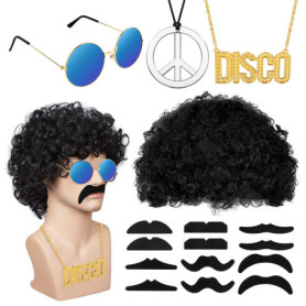 Hippie Perruque Costume Set, Ensemble de Costume Hippie des Années 70 et 80, pour Halloween Decoration Annees 70 Déguisement Hip
