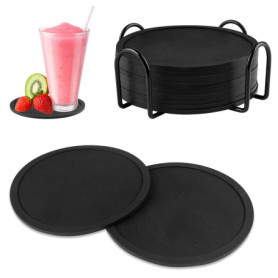 Gvolatee 12 Pièces Dessous de Verre Silicone avec Support, sous-Verre de Table Noir avec Rainures, sous-Bock Rond Design de Plat