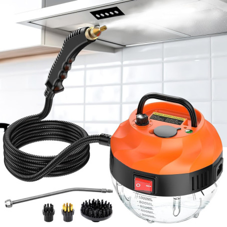 Nettoyeur Vapeur 2500W, Nettoyeur Vapeur à Main, 1L Réservoir d'eau, avec 3 Têtes de Brosse Réglables sur 6 Niveaux, 10S Chauffa