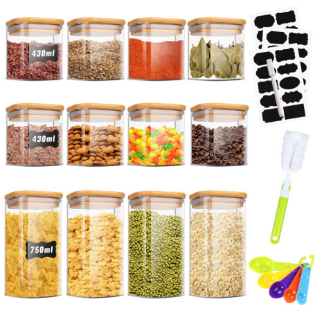TAVADA Bocaux en Verre Lot de 12, 430ml/750ml, avec Couvercle, Pots de Rangement Cuisine pour Épice, Spaghetti, Café, Céréales