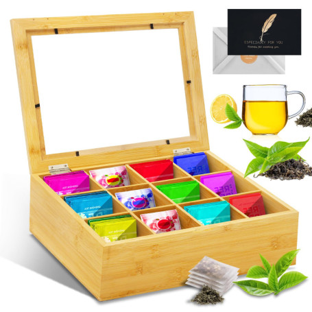 UCAMP Boîte à thé,Conservation du thé Boîte à thé avec Couvercle Fenêtre Transparente,Boîte à thé en Bois avec 12 Compartiments 