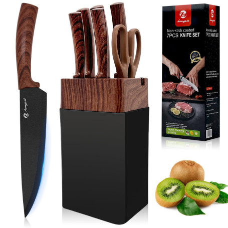 Set Couteaux de Cuisine 7 Pièces avec Porte Couteau Professionnel - Lames Acier Inoxydable Aiguisées, Manches Ergonomiques Antid