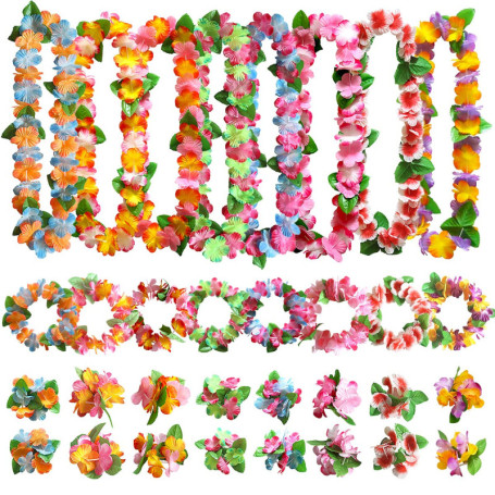 Aviski 32 Pièces Leis Décorations Collier de Fleurs, Bracelets Bandeau, pour Thème de Fête Hawaïenne Tropicale Beach Party Hawai