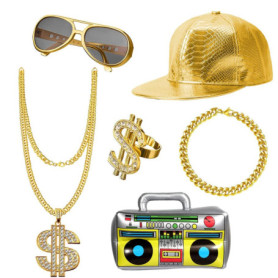 UBERMing Kit de Costume Hip Hop avec Boîte Radio Gonflable Lunettes de Soleil Chapeau et Or Signe de Dollar Collier Bracelet Ann