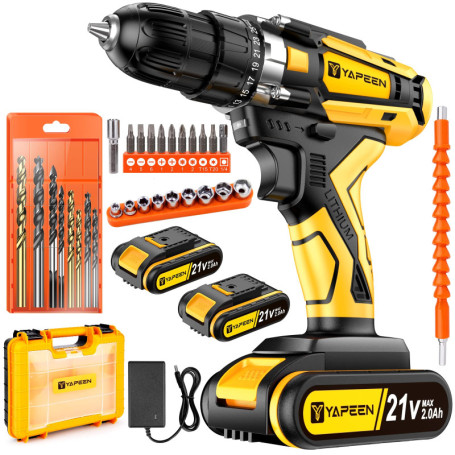 Visseuse Devisseuse, YAPEEN 21V Perceuse Visseuse Sans Fil, Kit Perceuse Electrique 45N.m couple Max, 2 Vitesses, Réglage de Cou