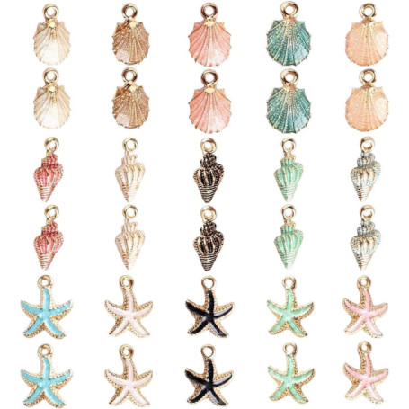 30 Pièces Pendentif Breloque Assortie en Émail, Pendentif DIY, Pendentifs en Coquillage Étoile de Mer, Pendentifs Breloques, pou