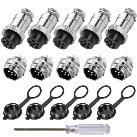 Aiqeer 5 Pièces 6 Broches GX16 Aviation Connecteur, 16 mm Fileté Panneau Métal Aviation Câble Connecteur, 5A Mâle Femelle Aviati