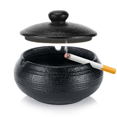 Collazoey cendrier extérieur, cendrier en céramique avec couvercle, céramique rétro noire, adapté à la maison, pour fumeurs,cend