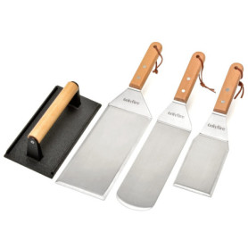 Onlyfire 4 Pièces Ustensiles pour Plancha, Ensemble de Spatule en Acier Inoxydable et Poids du Barbecue en Fonte avec poignée en