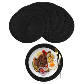 6 Pièces Sets de Table, Sets de Table Rond, Sets de Table Noir Rond Tressé, Sets de Table Ronds Noirs, Sets de Table Multifoncti