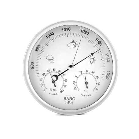 QWORK® 3 en 1 Station Météo Analogique en INOX, Baromètre, Thermomètre et Hygromètre pour Intérieur/Extérieur, Diamètre 14 cm
