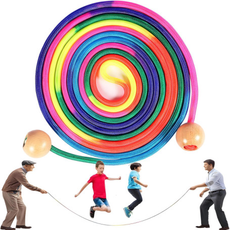 Corde a Sauter Pour Plusieurs Joueurs,5 Mètres Corde a Sauter Enfant,Cordes à Sauter Arc-en-Ciel Avec Poignée Ronde en Bois,Cord