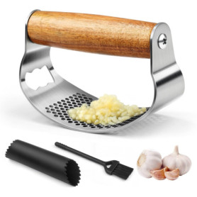 NEUTYPECHIC Ecrase Ail Manche en Bois, Presse Inox Avec Décapsuleur, Presse Ail Inox Professionnel, Garlic Press Convient pour E