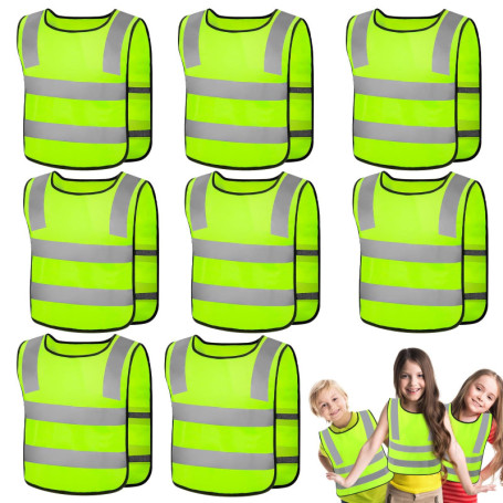 Vegena 8 Pcs Gilet de Sécurité pour Enfants, 360° Visibilité à Gilet Réfléchissante pour 3-12 Ans Enfants, Gilet Jaune Réfléchis