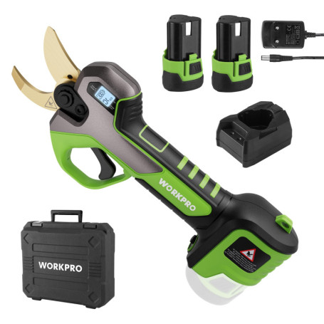 WORKPRO Sécateur Électrique Sans Fil Brushless 12 V, Secateur Electrique avec Écran, Professionnel Sécateur avec 2 Batteries de 
