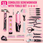 WORKPRO Boîte à Outils Pink Rose 53 Pièces avec Tournevis sans Fil 3,7 V, Caisse à Outils Complete avec Sac Durable, Trousse à O