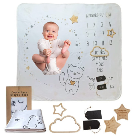 Couverture étape bebe en Français + carte étape en bois personnalisé - tapis mois pour photos - coffret cadeau naissance inclus 