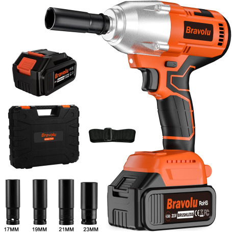 Bravolu Clé à Chocs Sans Fil, 21V Brushless 700N.m Max Boulonneuse a Choc avec 4,0Ah Batterie, Visseuse à Choc Fréquence d'impac