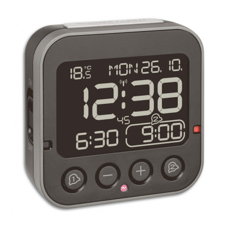TFA Dostmann Réveil Radio-pilotée Digital Bingo 2.0, 60.2552.01, avec Affichage de la température, Plastique, Noir, réveil avec 