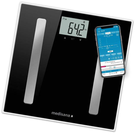 medisana BS A45 Pèse Personne Impédancemètre jusqu'à 180 kg, Balance Connectée, Bluetooth, BMI/Muscle/Graisse Corporelle/Masse O