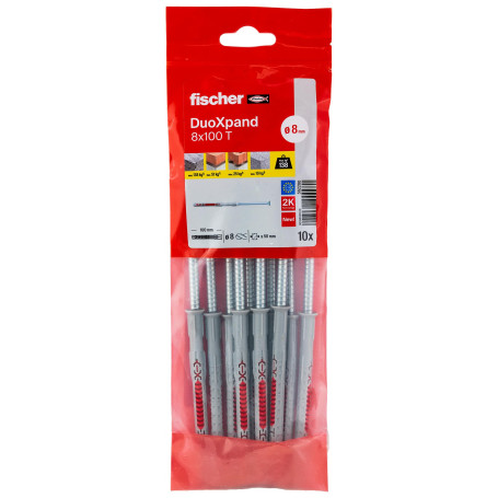 fischer - Cheville rallongée DuoXpand 8x100 avec vis à tête fraisée en Acier électrozingué/Sachet de 10