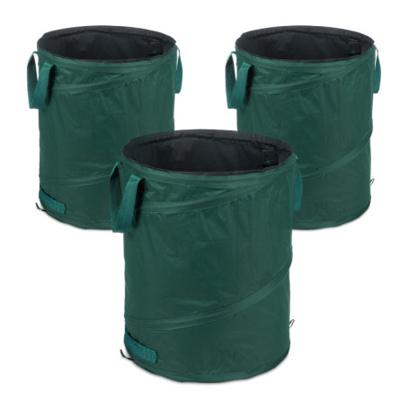 Relaxdays Sacs à déchets de Jardin autoportants, Lot de 3, 90 L, 3 poignées, Poubelle, résistant aux UV, étanche, Vert