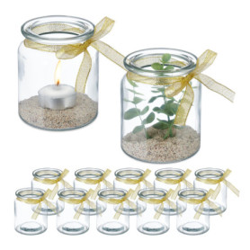 Relaxdays Photophores, Lot de 12, Verre, extérieur & intérieur, H x D: 9,5 x 8 cm, bougeoirs à nœud, Transparent - doré