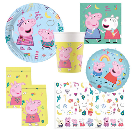 Procos 10215314DY - Set de fête Peppa Pig, 46 pièces de vaisselle jetable pour anniversaire d'enfant et fête à thème, décoration