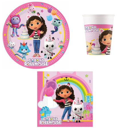 Procos PRO10245291DY - Set de fête S Gabby's Dollhouse, set de 52 pièces, assiettes, gobelets, serviettes, vaisselle jetable, se