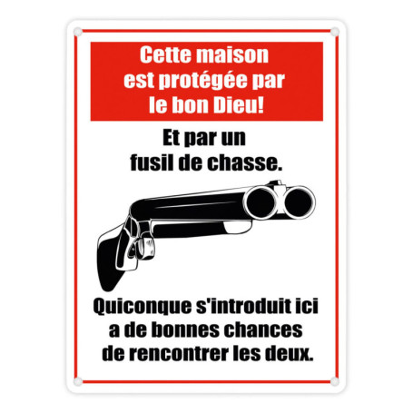 Fusil de chasse Plaque en métal avec slogan Cette maison est protégée par le ! Et par un fusil de chasse.