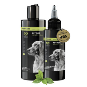 Peticare Set Soin pour Chien Anti-Démangeaisons Anti-Acariens Anti-Puces Anti-Fongiques - Lotion 100 ML & Shampooing 250 ML, Con