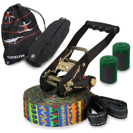 ALPIDEX Slackline Set 15 m + Protections pour Arbre et Protection cliquet, Convient aux Enfants, débutants et avancés