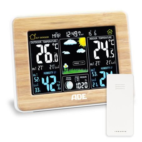 ADE Station météo radio intérieur avec capteur extérieur sans fil | Thermomètre, hygromètre, baromètre | Prévisions météo animée