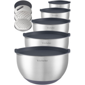 Winzbacher Lot de 5 saladiers en acier inoxydable avec couvercle - 1 l + 1,5 l + 2,5 l + 3,5 l + 4,5 l - Saladier - Antidérapant