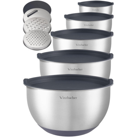 Winzbacher Lot de 5 saladiers en acier inoxydable avec couvercle - 1 l + 1,5 l + 2,5 l + 3,5 l + 4,5 l - Saladier - Antidérapant