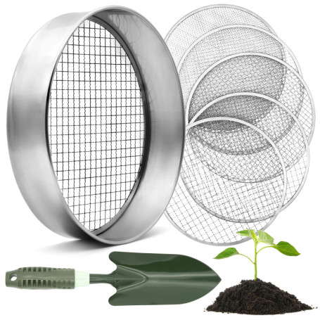 HappySeed Tamis de Jardin Rond 30 cm avec 5 Tamis interchangeables - Tamis à Compost en Acier Inoxydable pour la Terre, Le Compo