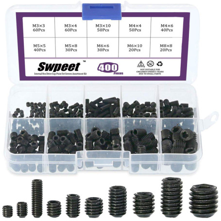 Swpeet 400 pcs Allen Tête Douille hexagonale Vis sans tête Assortiment kit, y compris 10 tailles M3/4/5/6/8 Interne hexagonale D