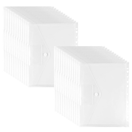 Fousenuk 24Pcs Pochette Plastique A4 Perforée, Transparente Porte-Documents avec Bouton Pression, Poche pour Étiquette, 11 Trous