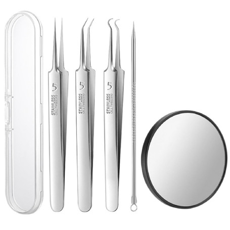 JDXun Extracteurs de points noirs, 3 pince à épiler et 1 extracteur de boutons d'acné, kit tire comedons en acier inoxydable ave